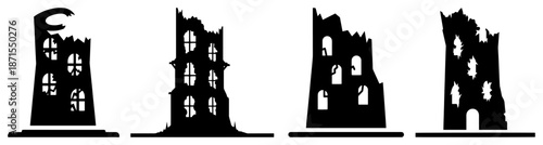 Destroyed high tower ruins and damaged skyscrapers silhouettes