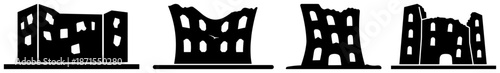 Set of black silhouettes showing destroyed and ruined buildings after war