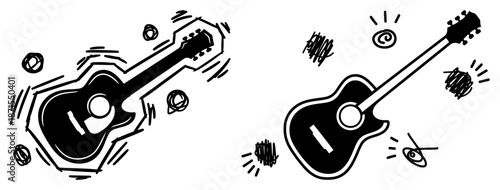 Acoustic guitars with sound waves in playful doodle style