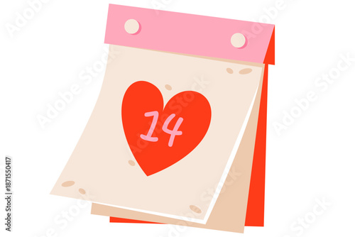 Calendar page illustration displaying a red heart with the number 14 on a white background