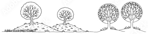 Minimalist line art landscape featuring stylized trees on rolling hills