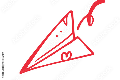 A red paper airplane with a heart flies through the air, viewed from a slight angle