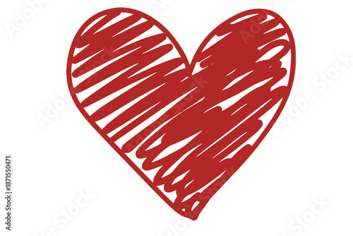 A red sketched heart on a plain white background viewed directly
