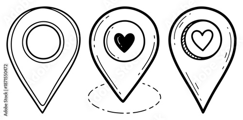 Set of hand drawn map pointer pins with heart symbols