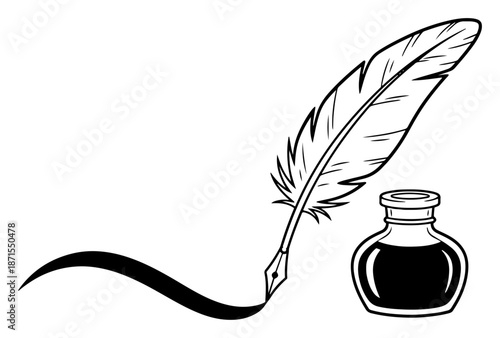 Classic feather quill pen writing a line next to an inkwell bottle sketch