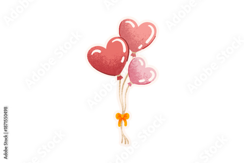 Three heart-shaped balloons floating together tied with ribbon