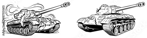 Detailed hand drawn vector illustration of two armored military tanks ready for battle