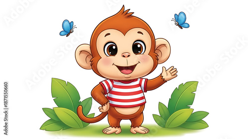 Adorable cartoon monkey standing on green leaves with butterflies.