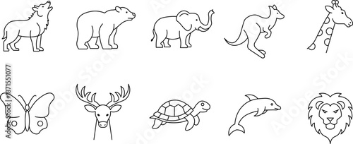 A wild animals collection featuring a vector set of wildlife silhouettes and cartoon illustrations including a lion, elephant, bear, and giraffe for nature safari art design