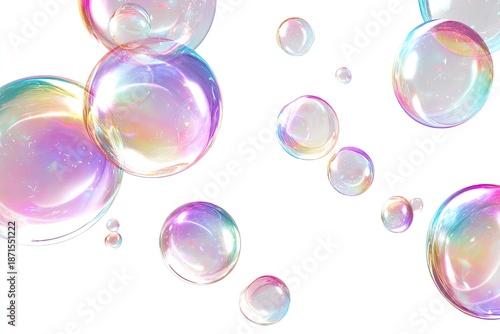 Iridescent soap bubbles float against a plain white background, various sizes