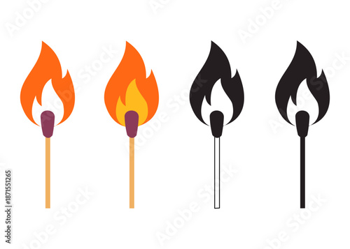 Burning Matchstick Fire Icon Set – Flame Match Collection Stock Vector