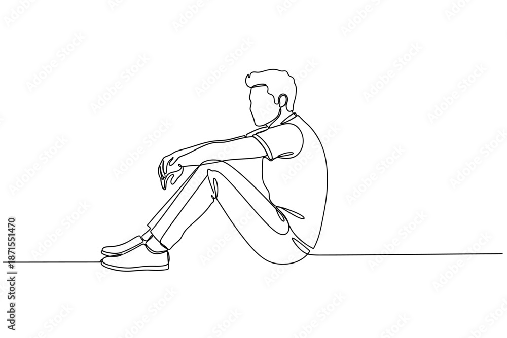 Obraz premium Single Continuous Line Drawing of a Pensive Man Sitting on the Floor in a Thoughtful Pose