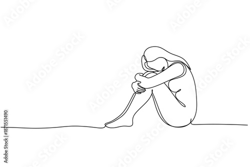 Continuous Line Art of a Sad Woman Sitting, Symbolizing Grief and Loneliness