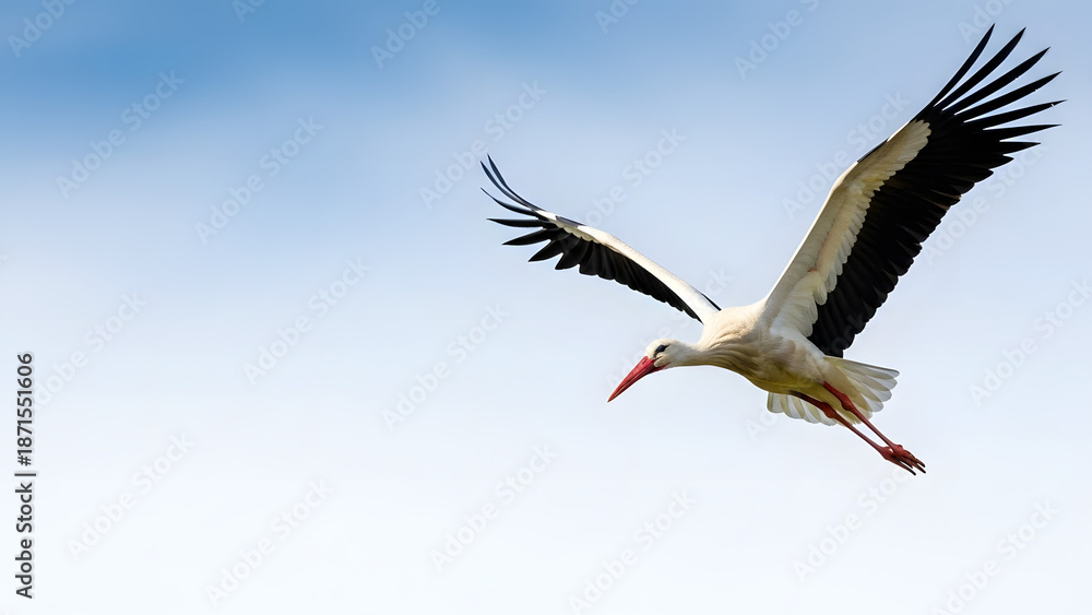 Obraz premium Stork in flight against a clear sky, concept of bird migrations 
