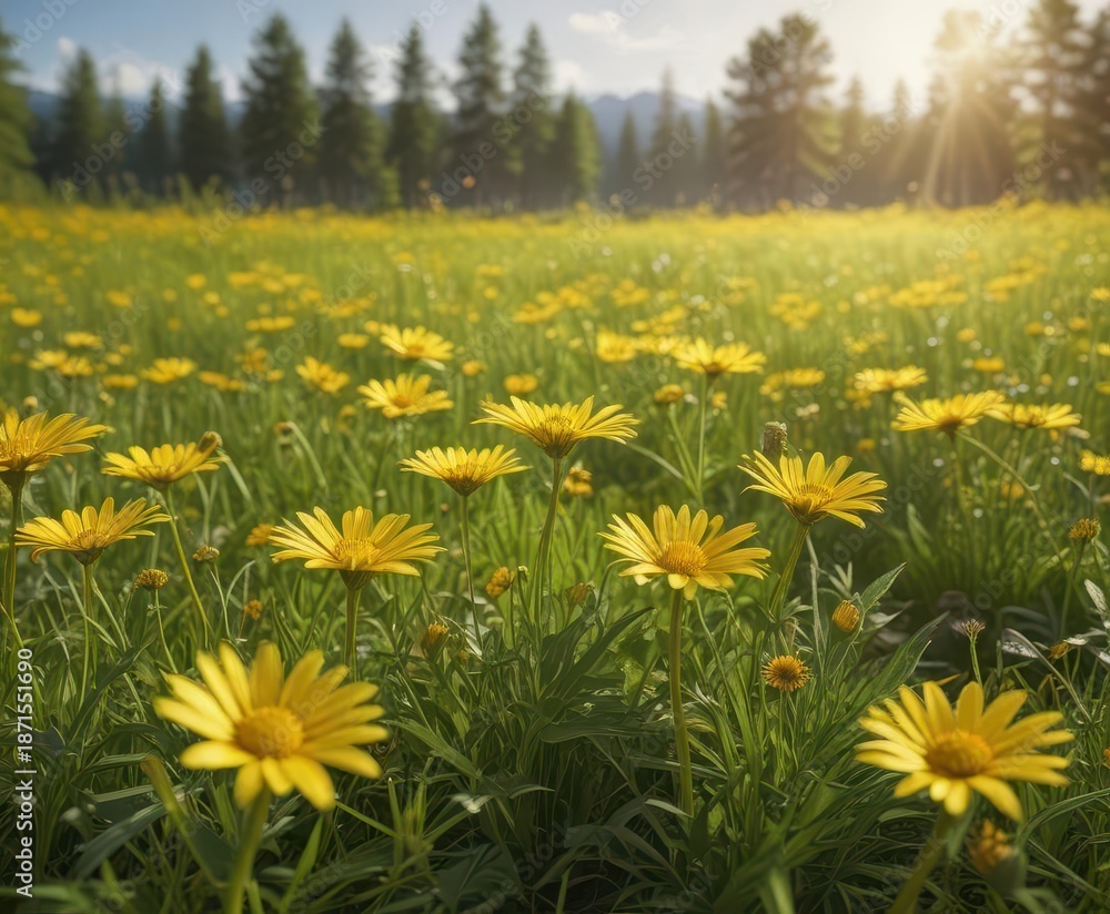 Obraz premium Yellow wild daisies in a lush meadow on a bright sunny day, nature scene , field, serene landscape