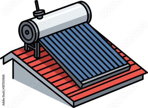 Solar water heater system on a red roof for eco-friendly energy production, isolated on a transparent background