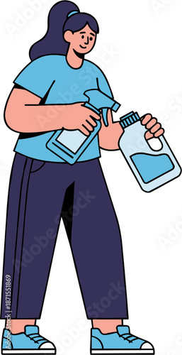 Woman cleaning with spray bottle and liquid cleaner on transparent background, in casual outfit, focused on hygiene and home tasks