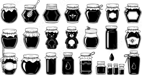 Set of vintage black and white illustrations featuring various honey jars, bottles, bear-shaped containers, and a dipper, perfect for food, nature, and organic themes.