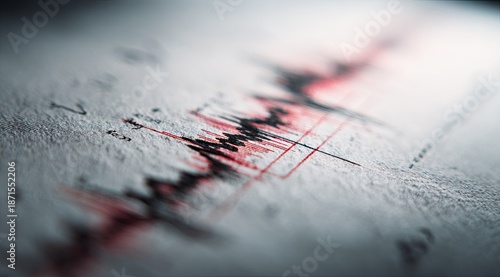 Seismic record Black & red line traces a graph on textured paper close-up