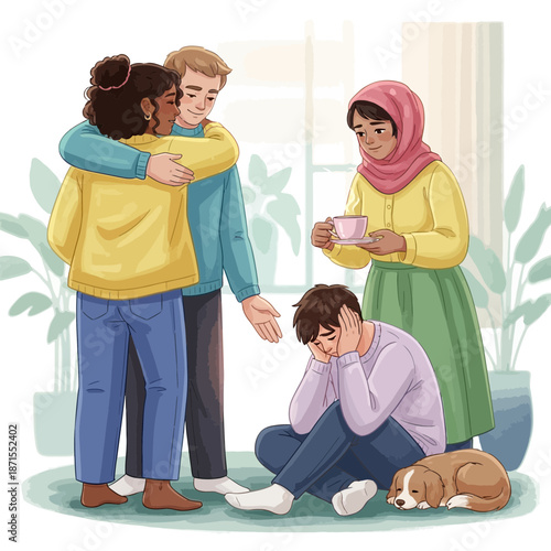 Diverse Friends Comforting Sad Person, Support and Empathy Illustration