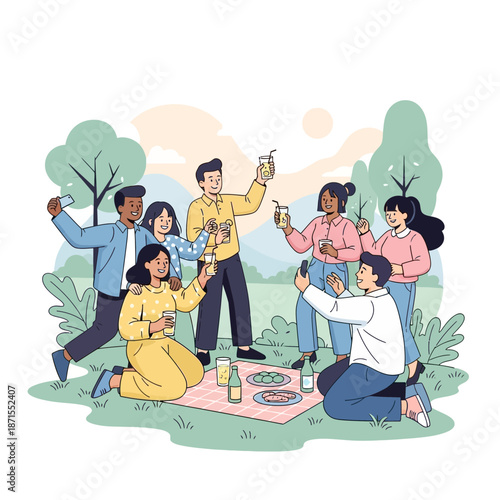 Diverse friends enjoying picnic party, toasting drinks and taking selfies outdoors in park