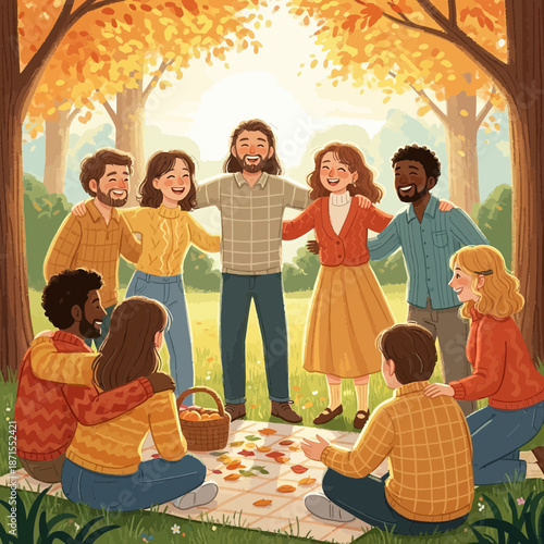 Diverse friends enjoying autumn picnic in park, happy gathering, fall season celebration