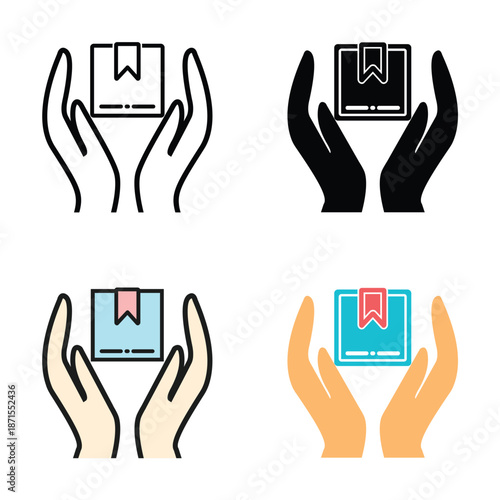 Vector illustration set of hands holding and protecting a product box in multiple color styles. Concept of product care, protection, safety, customer service, secure handling, and warranty service.