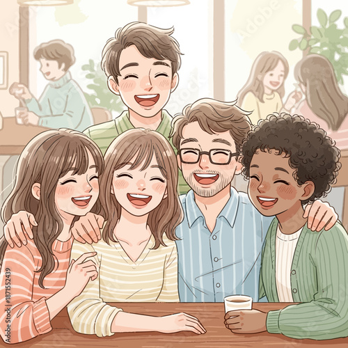 Diverse Friends Laughing Together in a Cozy Cafe