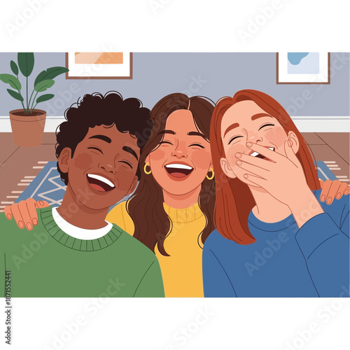 Diverse friends laughing together, joy, friendship, happiness, positive emotions, lifestyle illustration