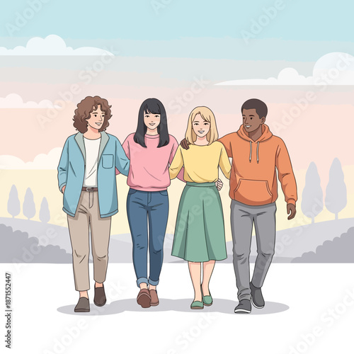 Diverse friends walking together outdoors, embracing unity and friendship