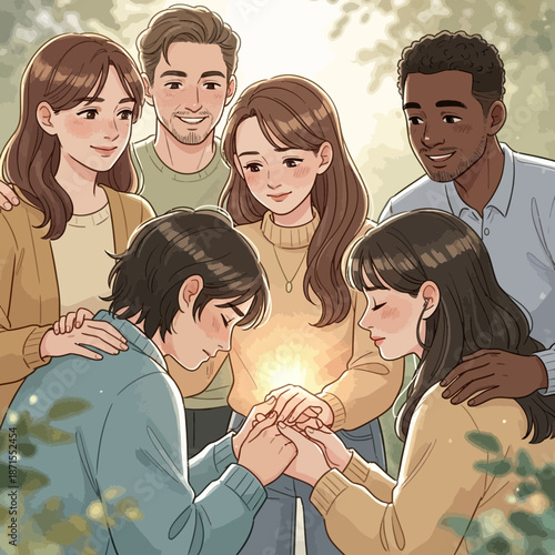 Diverse group of friends holding hands in circle, sharing moment of connection and support