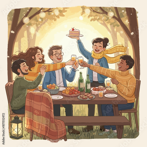 Friends celebrating with cake and drinks at an outdoor picnic party in autumn woods