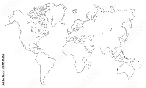 World map outline with no details, showing continents and oceans in a simple black and white style used for educational purposes and art