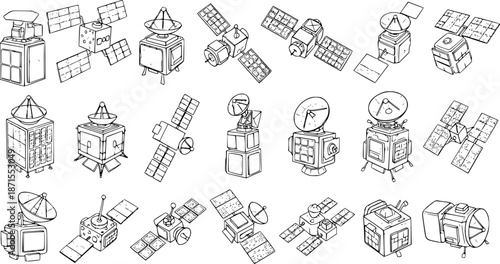 Hand-Drawn Space Satellites Line Art Collection: Various Orbiting Spacecraft Icons Set for Communication and Exploration Technology