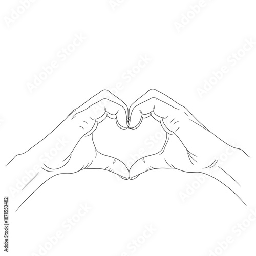 Outline heart shape formed by two hands, white background, gesture of love and affection