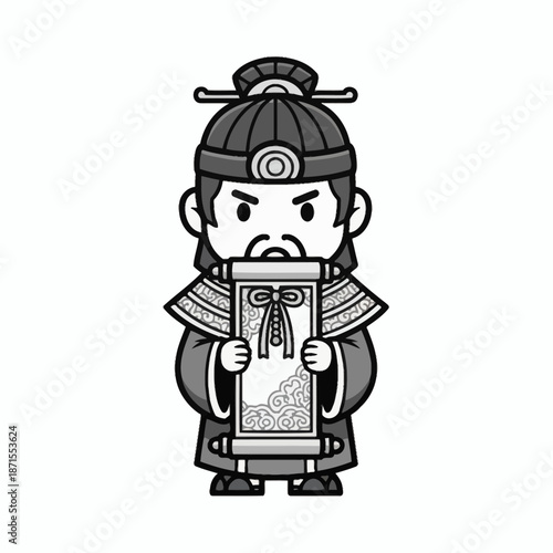 Ancient Chinese Official Holding Scroll Black and White Illustration.