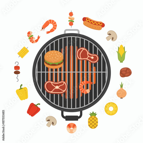 Barbecue Grill with Assorted Food Items and Ingredients.