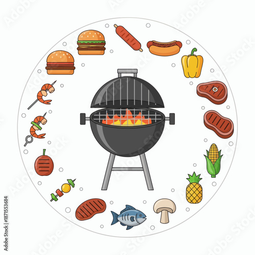 Barbecue Grill with Assortment of Food Items.