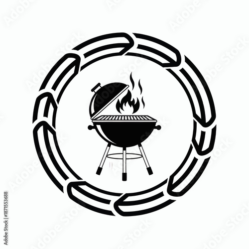 Barbecue Grill with Flames in a Circular Sausage Frame.
