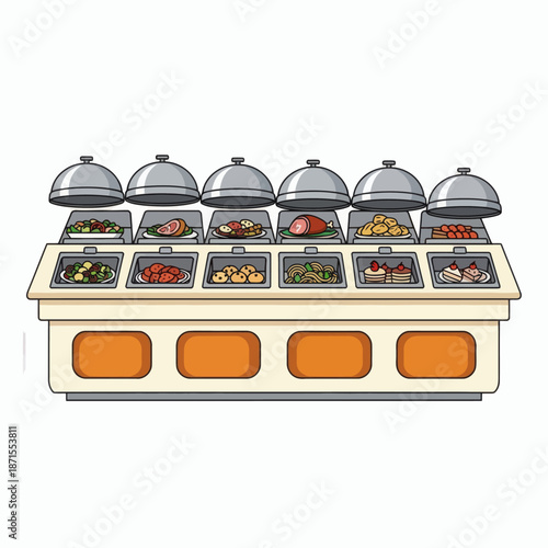 Buffet food station with various dishes and covered serving trays.