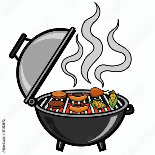 Cartoon Barbecue Grill with Food and Smoke.