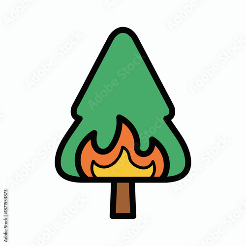 Cartoon illustration of a green pine tree on fire depicting a forest fire or environmental disaster.