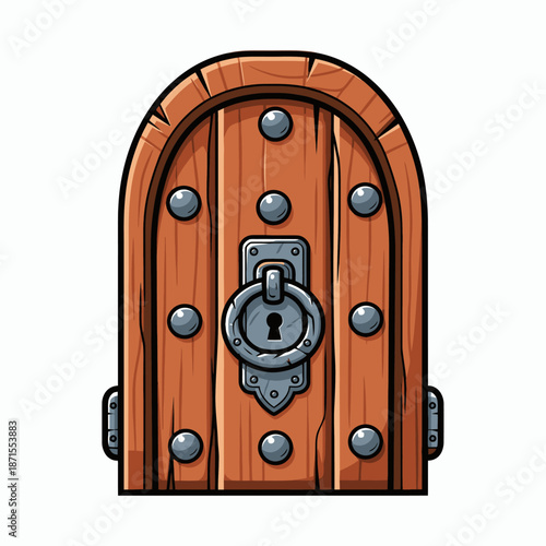 Cartoon wooden door with metal studs and a large ring handle isolated on a white background in a simple clean style.