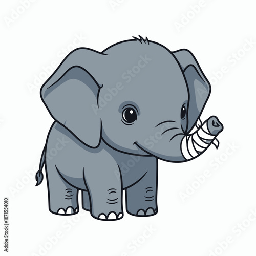 Cute baby elephant with a bandaged trunk cartoon illustration.