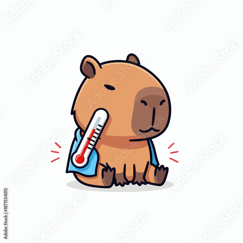 Cute Capybara Feeling Unwell with Thermometer Illustration.