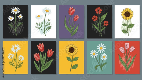 A grid of ten minimalist floral illustrations featuring daisies, tulips, and sunflowers on various colored backgrounds, suitable for decorative prints.