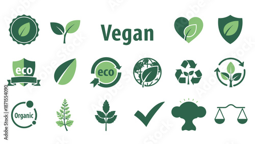 A collection of green and white icons representing eco-friendly, organic, vegan, and sustainable concepts, including leaves, recycling symbols, and nature motifs.