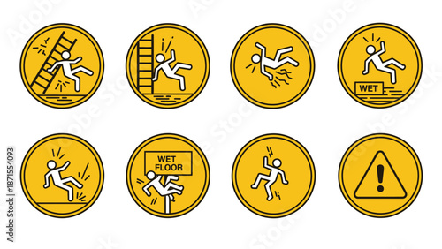 Collection of yellow circular warning signs depicting various falling hazards including ladders, wet floors, and stairs, alongside a general caution symbol.