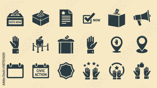 A collection of flat design icons representing voting, elections, civic engagement, and democratic processes on a light background.