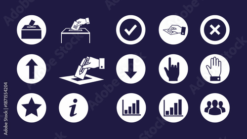 A set of white vector icons on a dark blue background, featuring symbols related to voting, elections, user interface, and data representation.